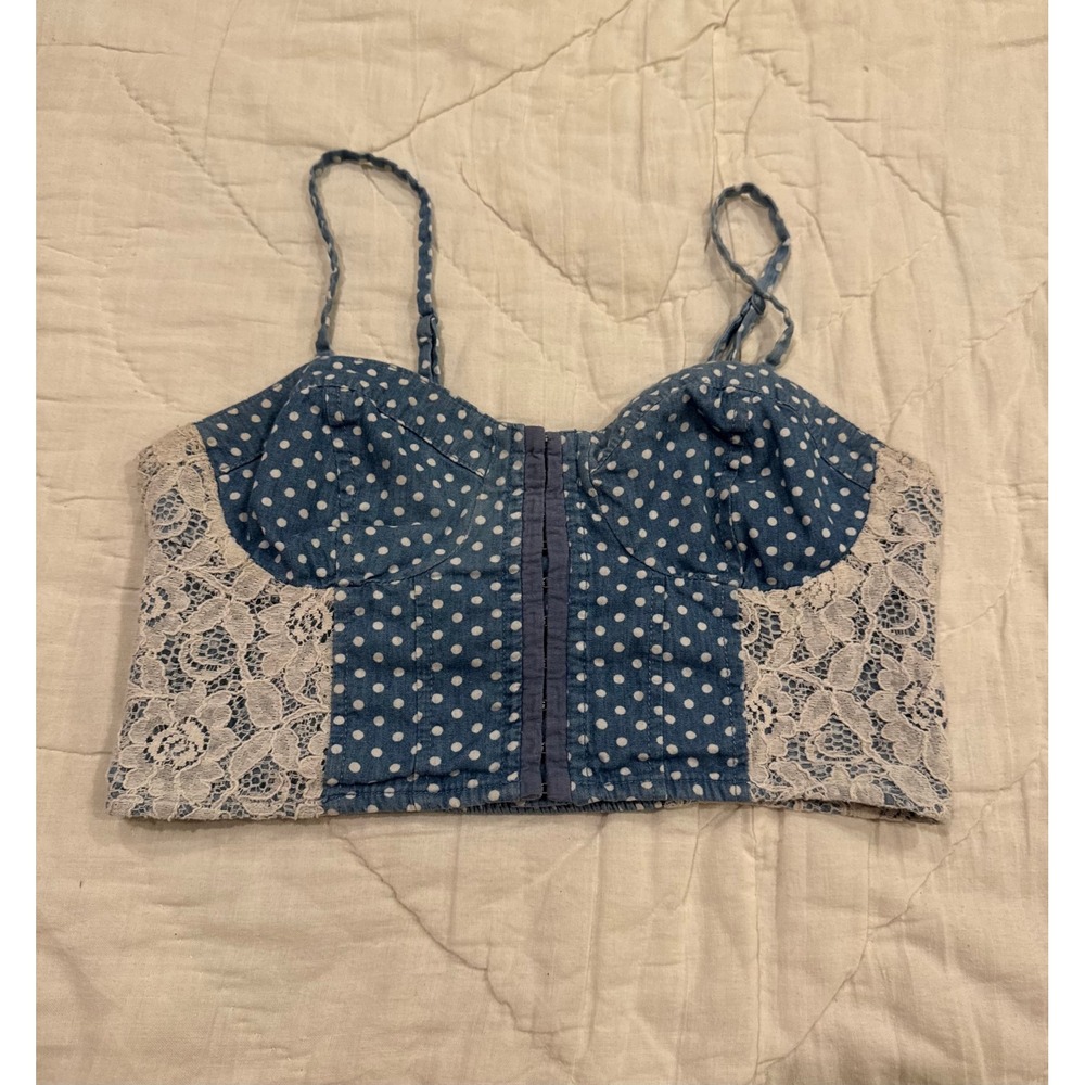 Forever 21 Blue Polka Dot Lace Bustier Crop Top Small Hook Eye Smocked Back